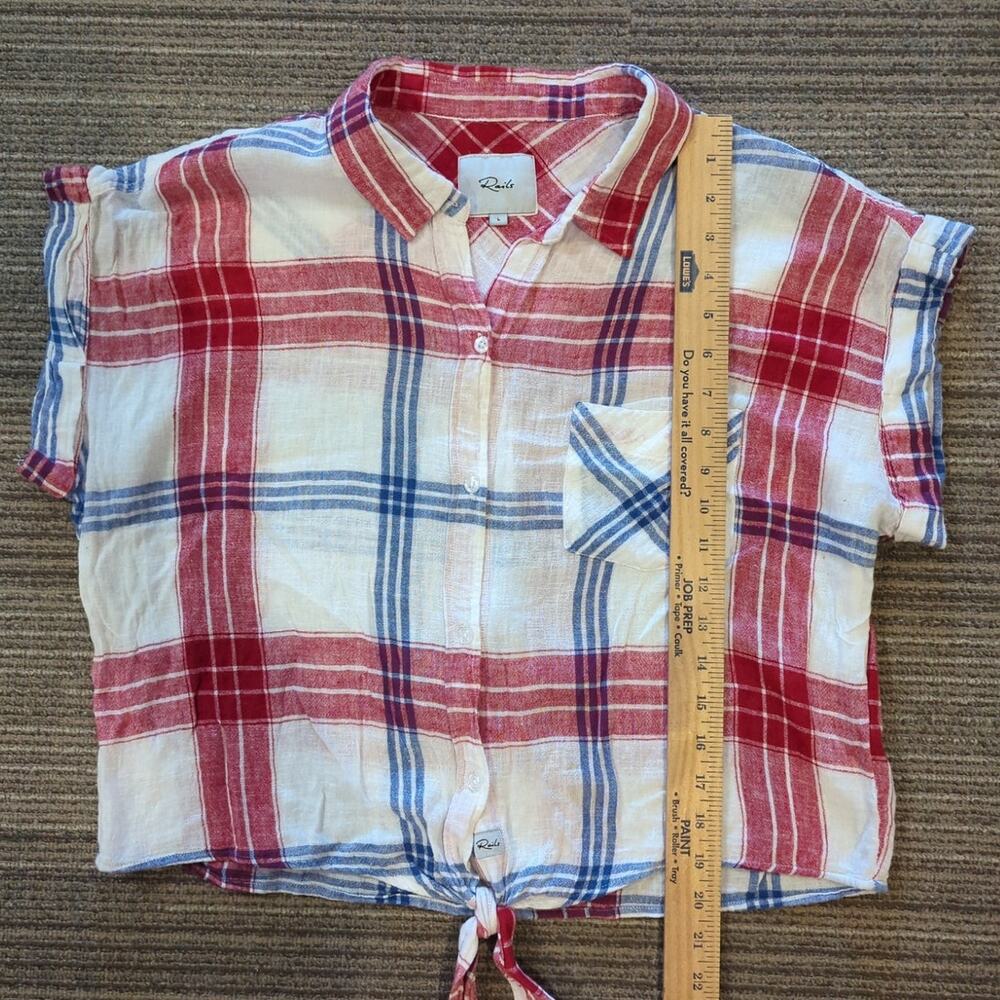 Rails Womens Linen Blend Top Size Large Red Blue Plaid Front Tie Button Front - Picture 6 of 8